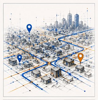 Network design planning across a city with route pins