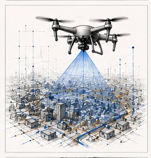 Aerial drone surveying network deployment over a neighborhood