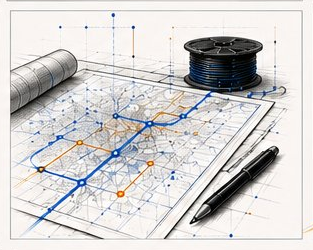 Network design blueprint with map and fiber spool